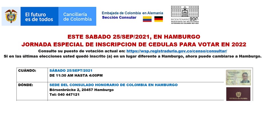 En la sede del Consulado Honorario de Colombia en Hamburgo se realizará la jornada especial de inscripción de cédulas para votar 