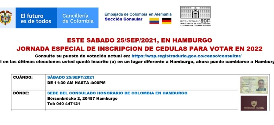 En la sede del Consulado Honorario de Colombia en Hamburgo se realizará la jornada especial de inscripción de cédulas para votar 