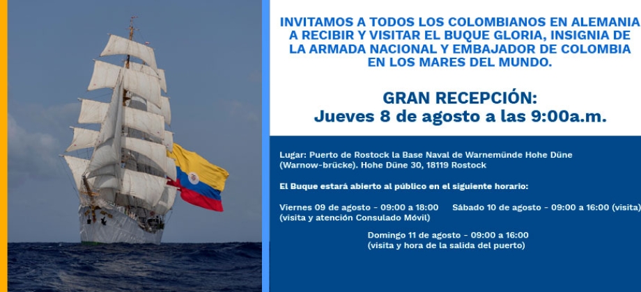 Embajada de Colombia en Alemania invita a los connacionales a recibir el Buque Gloria en el Puerto de Rostock  el 8 de agosto