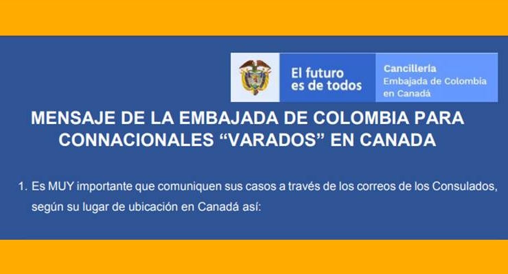 Mensaje de la Embajada de Colombia para connacionales “varados” en Canadá