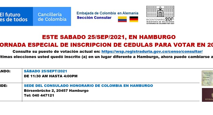 En la sede del Consulado Honorario de Colombia en Hamburgo se realizará la jornada especial de inscripción de cédulas para votar 